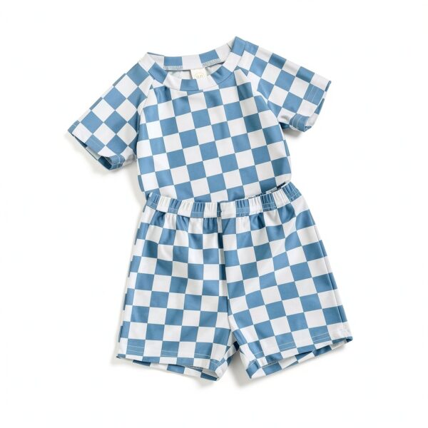 Baby Boy Checkered Rash Guard Swimsuit Set Blue Quick Dry-3