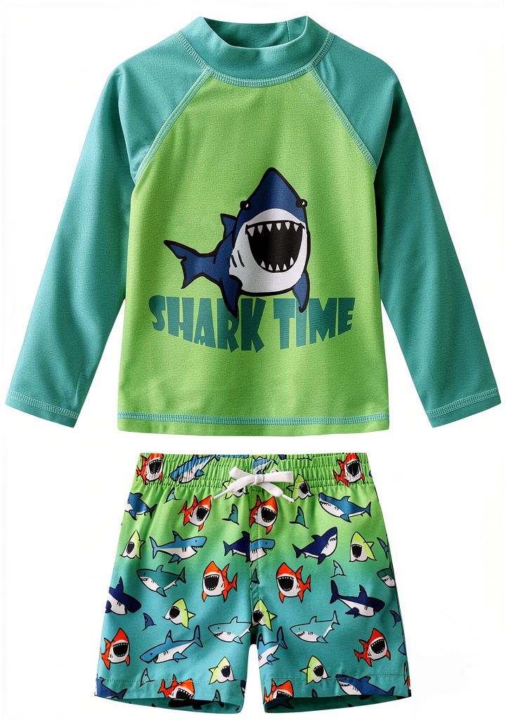 Baby boy wearing rash guard swim set at the beach
