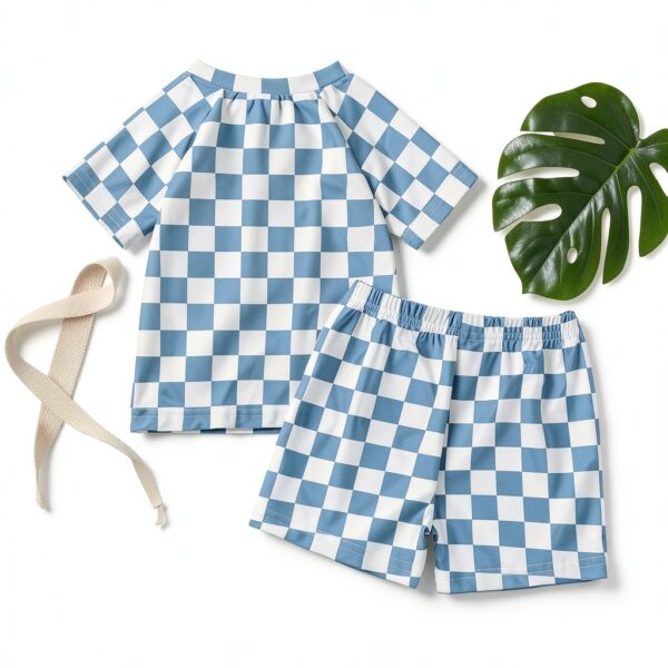 Baby Boy Checkered Rash Guard Swimsuit Set Blue Quick Dry-2