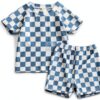 Baby Boy Checkered Rash Guard Swimsuit Set Blue Quick Dry-0
