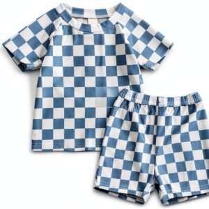 Baby Boy Checkered Rash Guard Swimsuit Set Blue Quick Dry-0