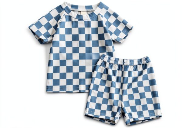 Baby Boy Checkered Rash Guard Swimsuit Set Blue Quick Dry-0