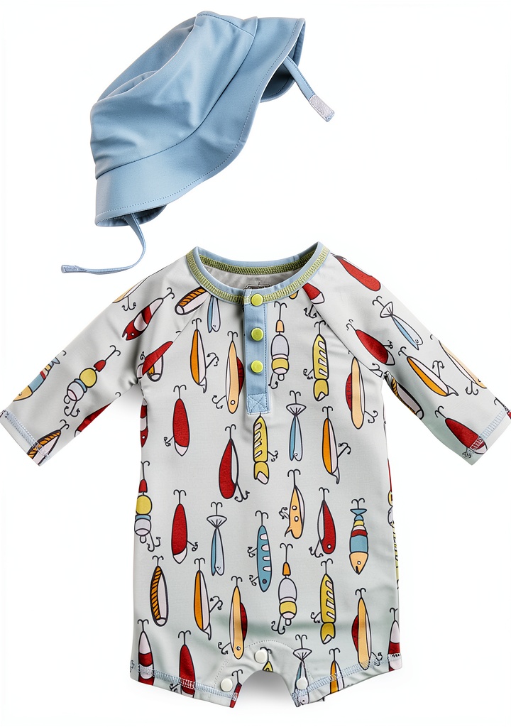 Mud Pie Fishing Lure Rash Guard Set sun protection test on baby at beach