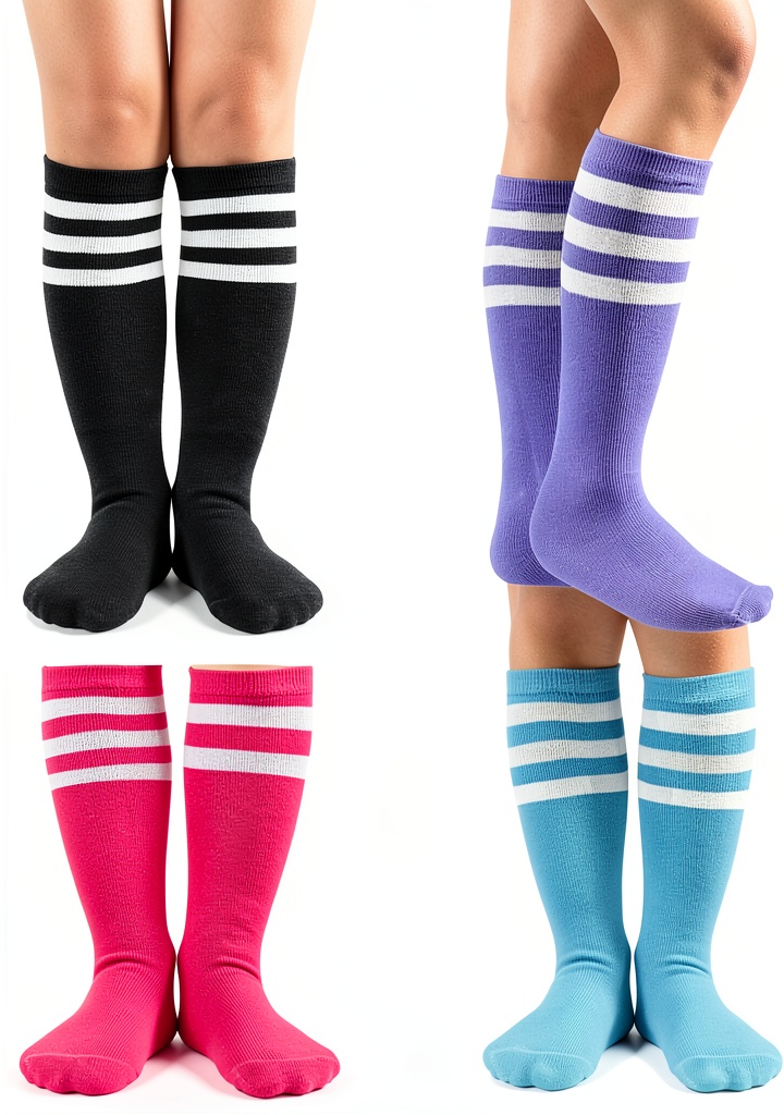 Kids wearing striped soccer socks during a game
