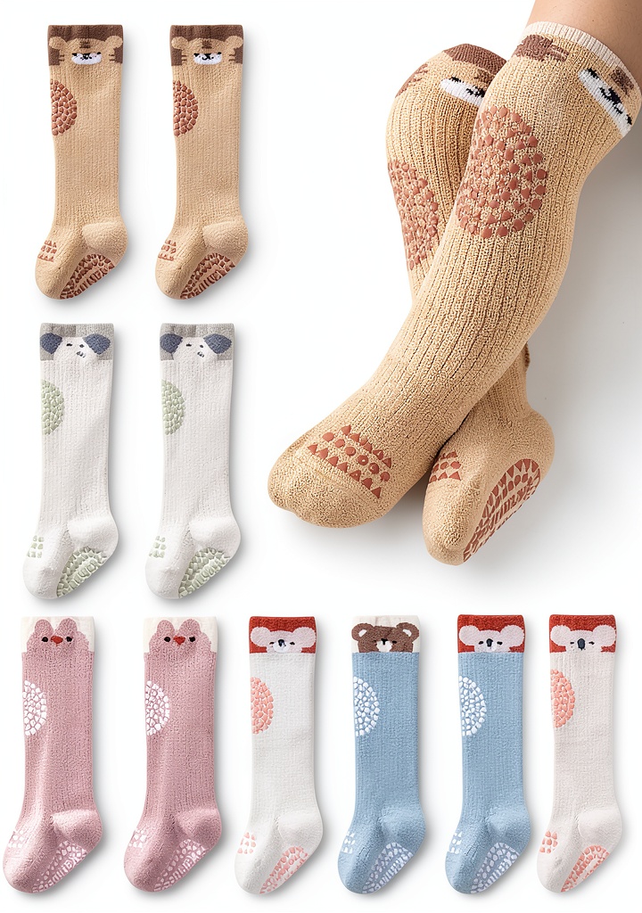 Pavo anti-skid toddler socks showing full-foot grips and knee-high design