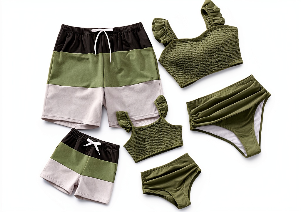 Green and white family matching swimsuits on a beach background