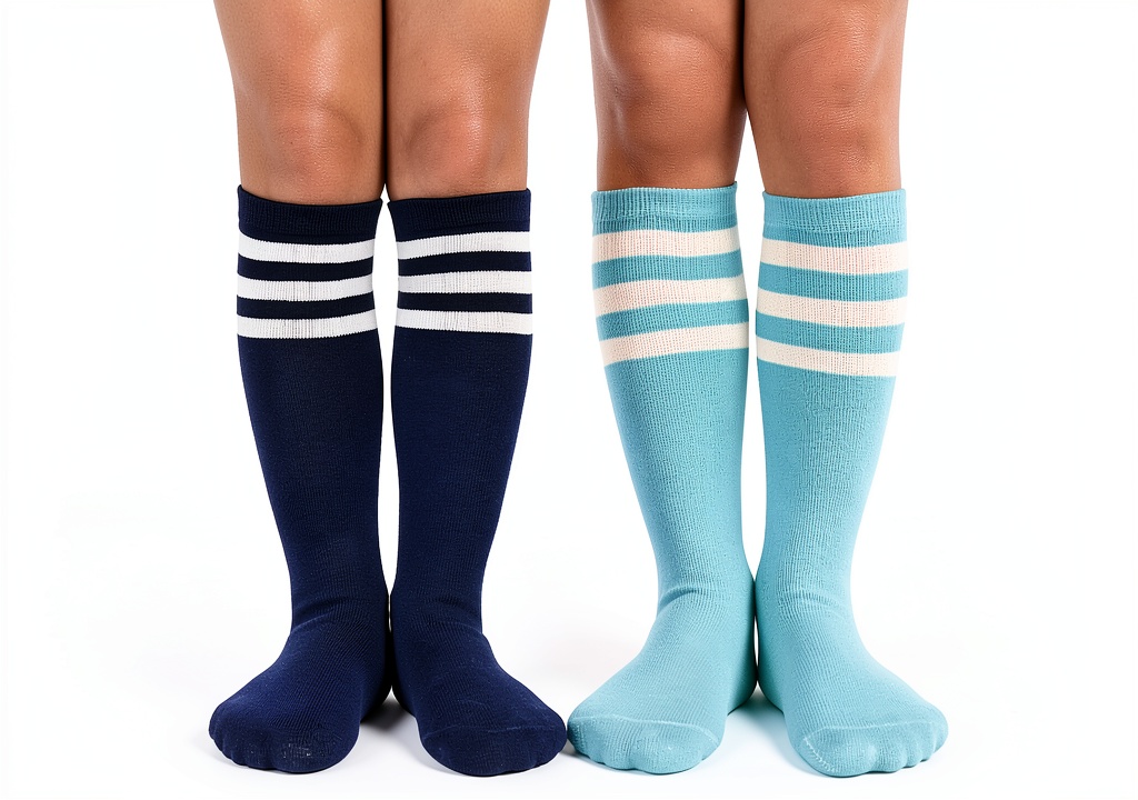 Close-up of Zando Blue Knee High Socks showing combed cotton texture and triple-stripe design