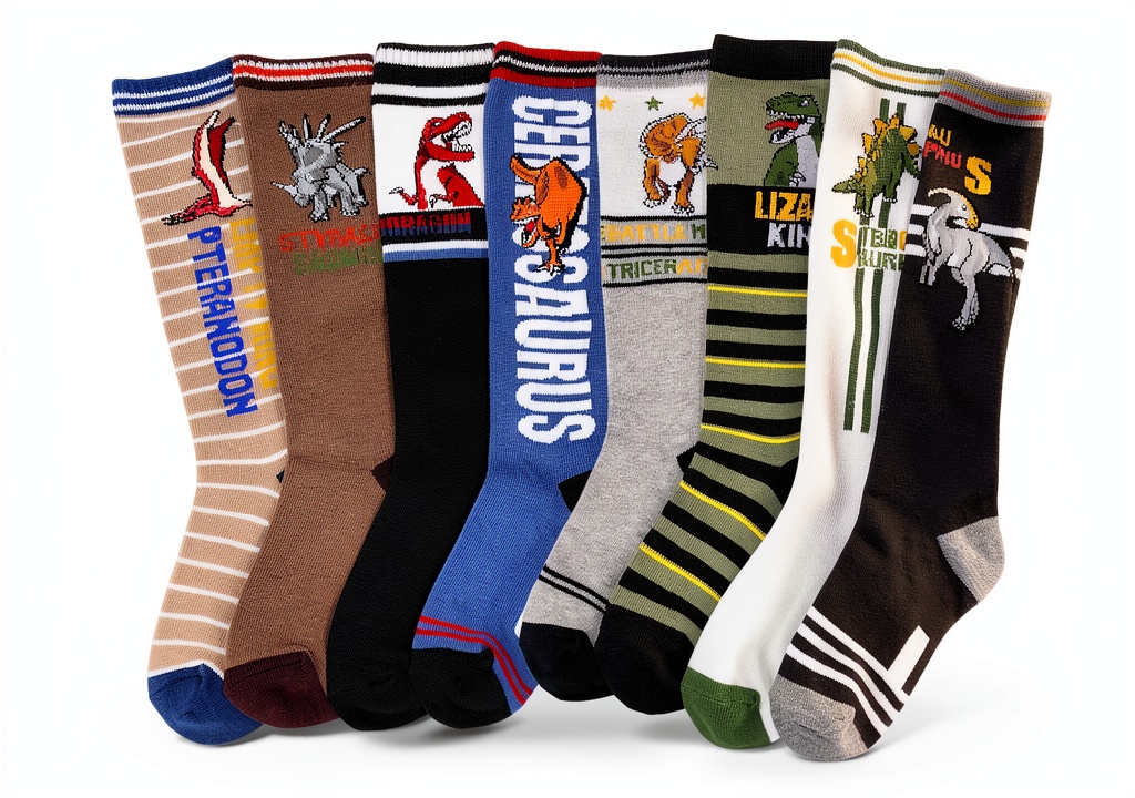 Boys wearing dinosaur knee high socks during outdoor play