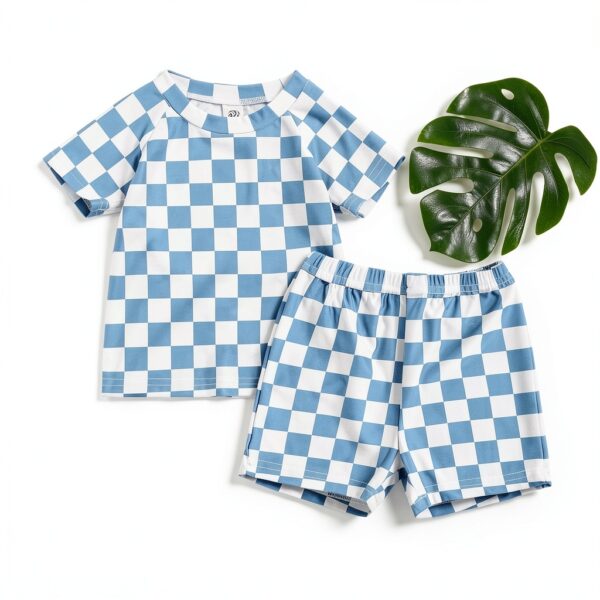 Baby Boy Checkered Rash Guard Swimsuit Set Blue Quick Dry-1