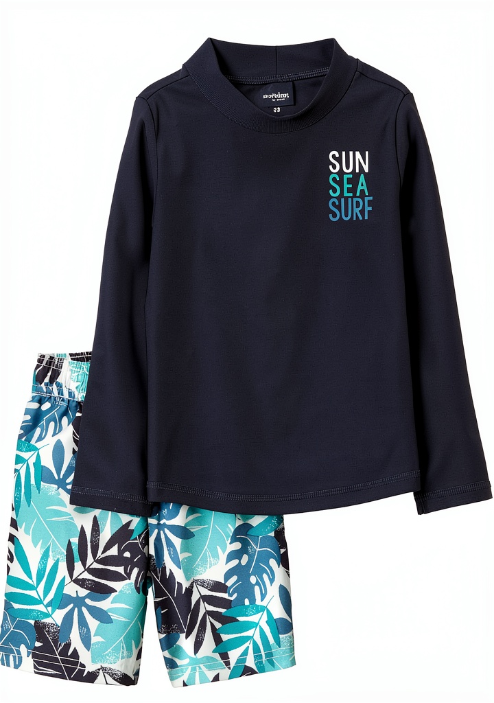 Carter's boys swim set in navy shark print on a beach