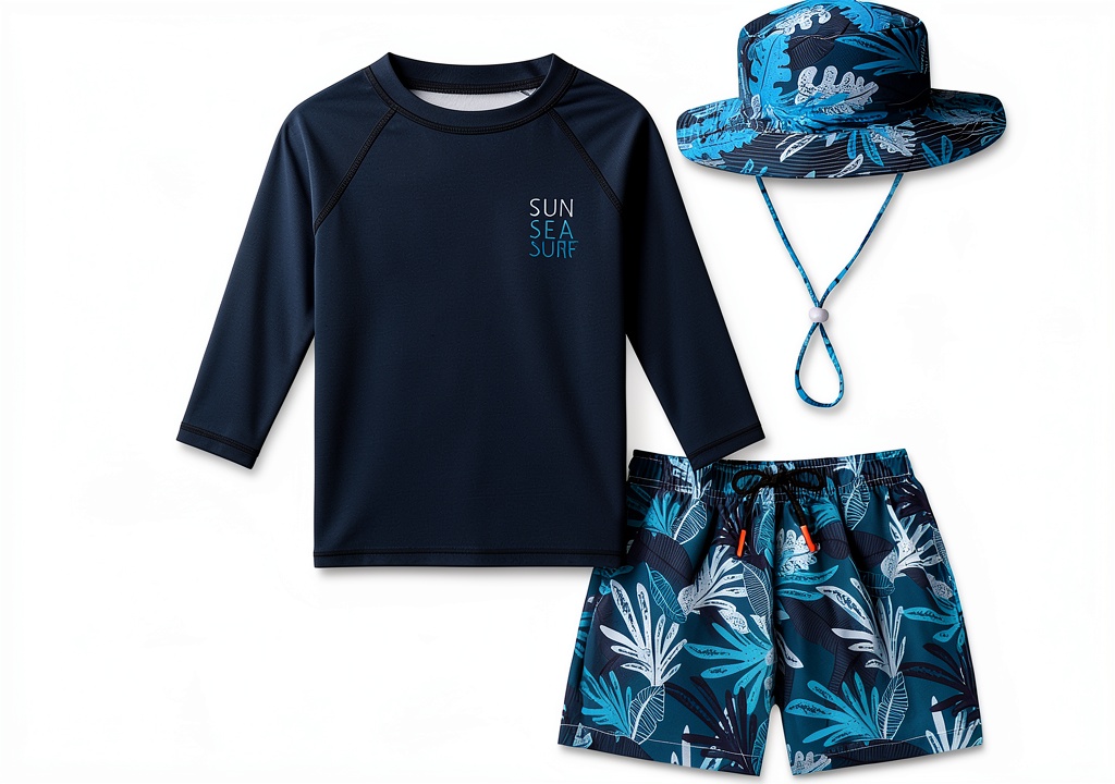 'Baby boy wearing Surf Legend rash guard at the beach'
