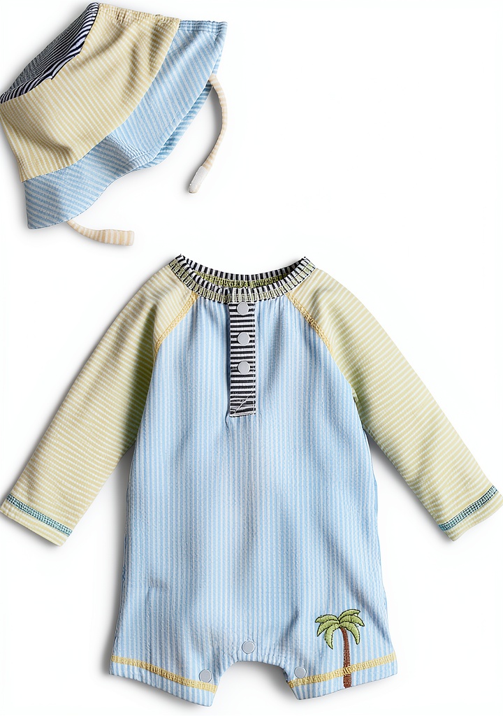 Baby wearing Mud Pie baby boys rash guard on a sunny beach with snap closures visible