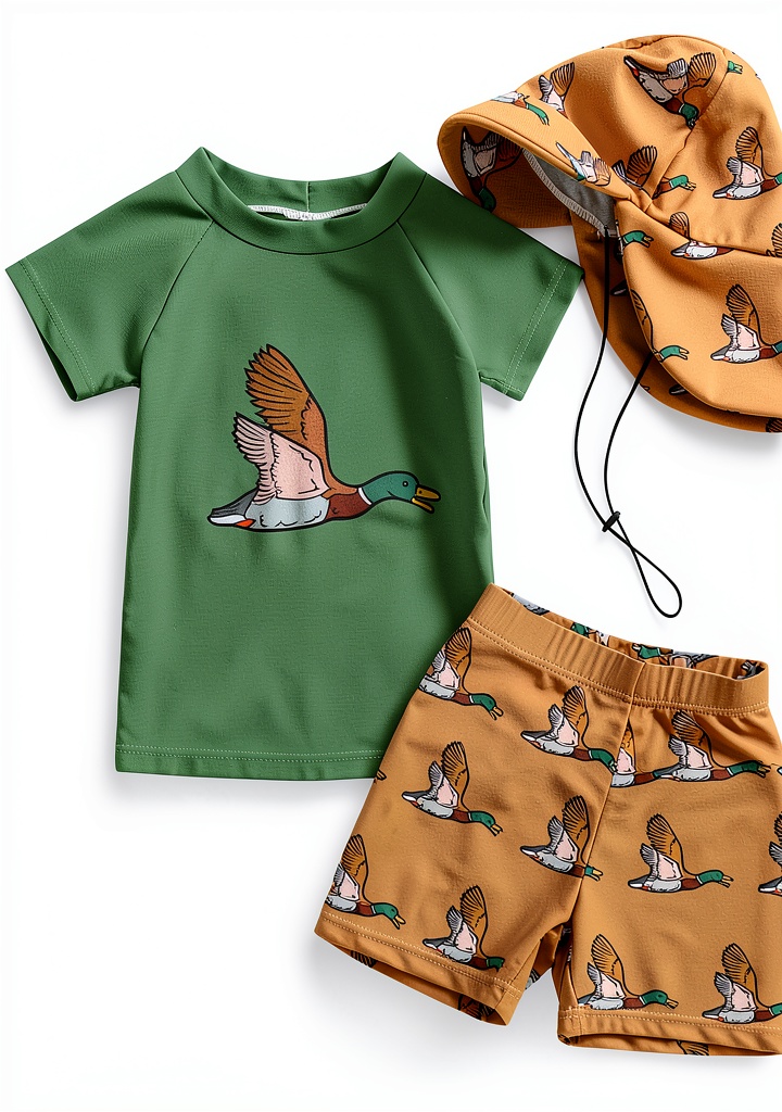 Baby boy wearing green mallard rash guard swim set at the beach, showing quick‑dry fabric and sun hat