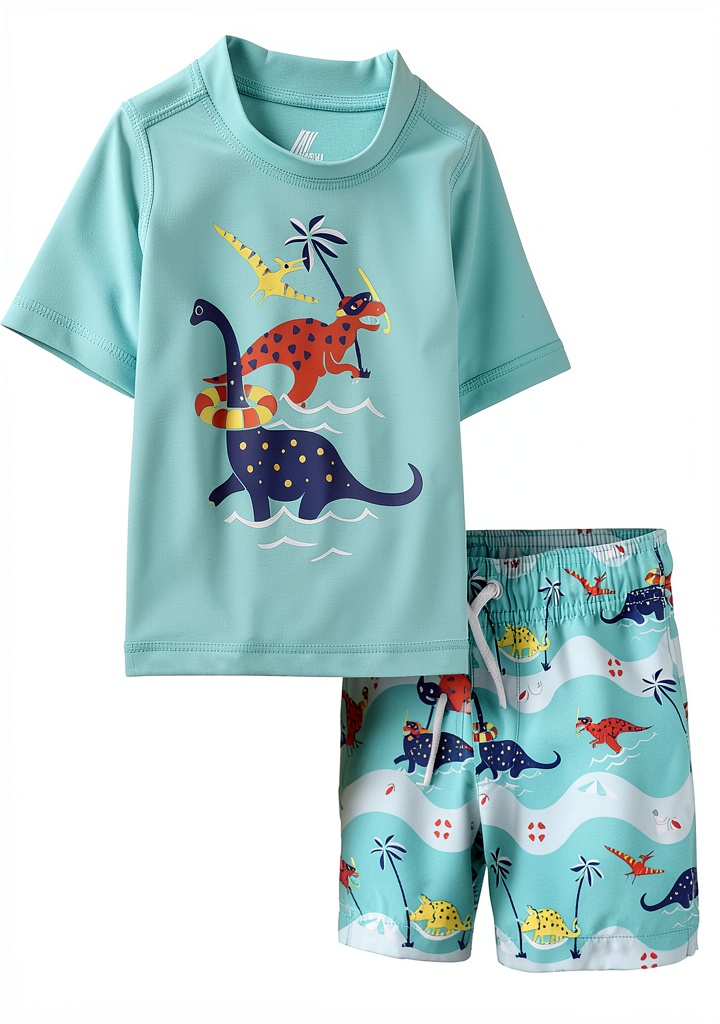 Boys wearing The Children's Place rash guard swim set at the beach