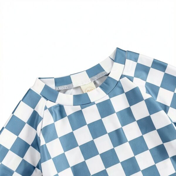 Baby Boy Checkered Rash Guard Swimsuit Set Blue Quick Dry-4