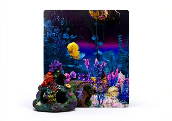 Fish Tank Decoration EVELOMO with Mountain, Starfish Barrel, 6 Plants-4