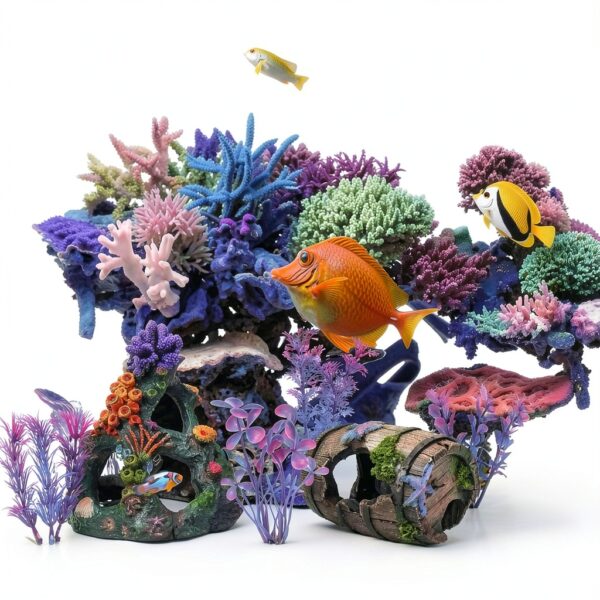 Fish Tank Decoration EVELOMO with Mountain, Starfish Barrel, 6 Plants-6