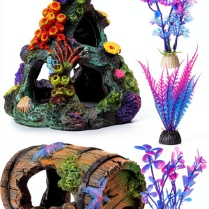 Fish Tank Decoration EVELOMO with Mountain, Starfish Barrel, 6 Plants-0