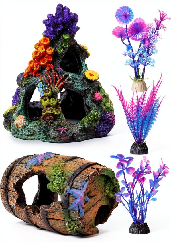Fish Tank Decoration EVELOMO with Mountain, Starfish Barrel, 6 Plants-0